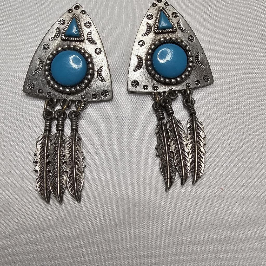 Jj 1988 Faux Turquoise Pewter Feather Pierced Earrings - Blue Statement Jewelry